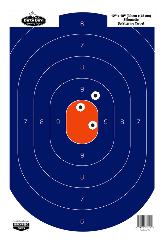 Birchwood Casey Dirty Bird 12" x 18" Silhouette Splatter Hanging Tagboard Pistol Target 50/Pack - Blue/Orange