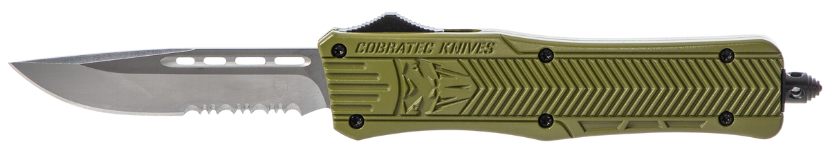 CobraTec Knives CTK-1 Medium 3" OTF Drop Point Part Serrated D2 Steel OD Green Aluminum Handle