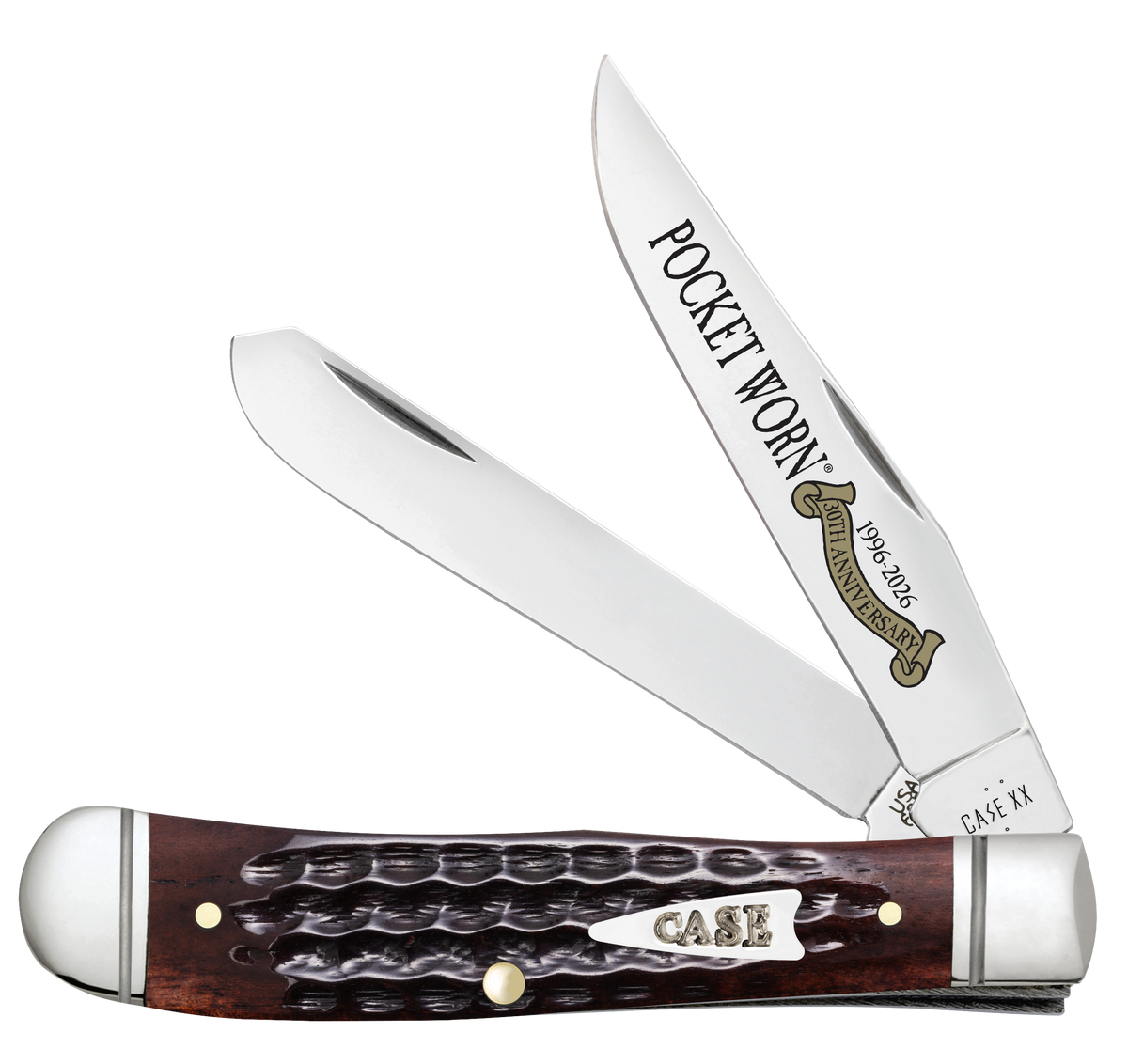 Case 55231 Pocket Worn Mini Trapper 2.75" Clip Point & Spey Plain Mirror Polished Tru-Sharp SS - Corn Cob Jigged Mahogany Bone Handle