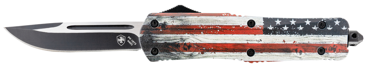 Templar Knife LWUS331 Gen II Wood US Flag Large 3.50" OTF Drop Point Plain Black Oxide Stonewashed 440C Aluminum Handle Glass Breaker
