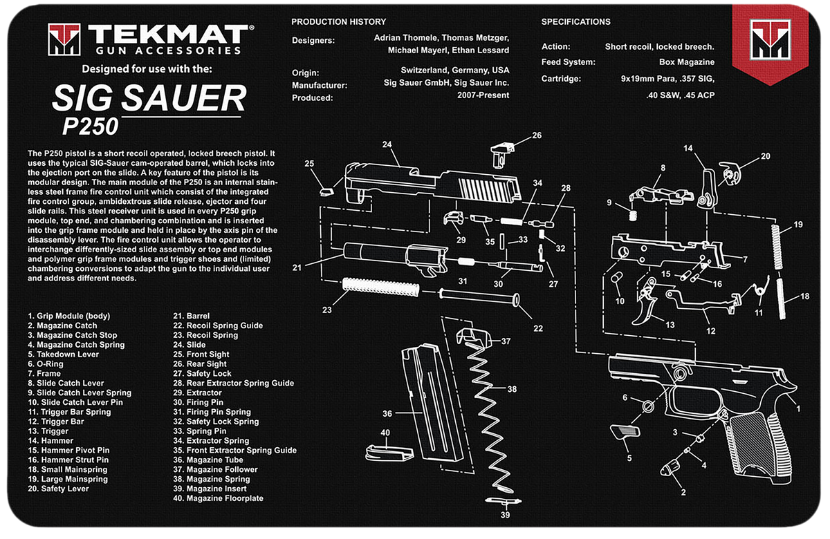 TekMat Sig Sauer P250 11"x17" Black/White Rubber Cleaning Mat