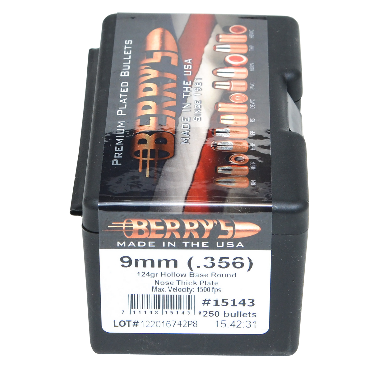 Berry's Superior Pistol 9mm .356 124gr Hollow Base Round Nose Thick Plate - 250/Box