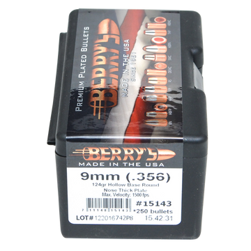 Berry's Superior Pistol 9mm .356 124gr Hollow Base Round Nose Thick Plate - 250/Box