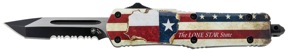 Templar Knife STX531 Texan Gen II Small 2.25" OTF Tanto Part Serrated 440C Stonewashed Texas Flag Aluminum Handle