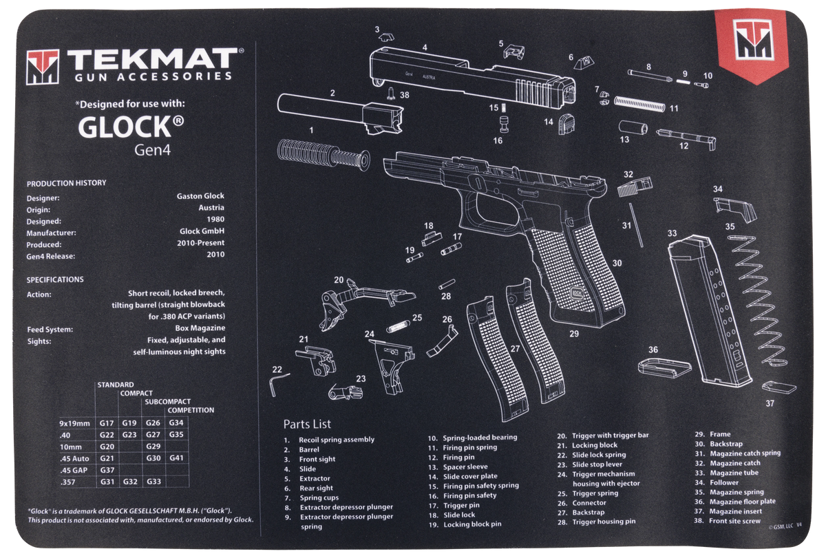 TekMat TEKR17GLOCKG4 Glock Gen4 Cleaning Mat Black/White Rubber 11"x17" Glock Gen4 Parts Diagram