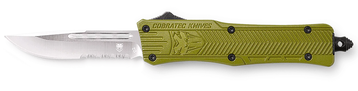 CobraTec Knives CTK-1 Small 2.75" OTF Drop Point Part Serrated D2 Steel OD Green Aluminum Handle