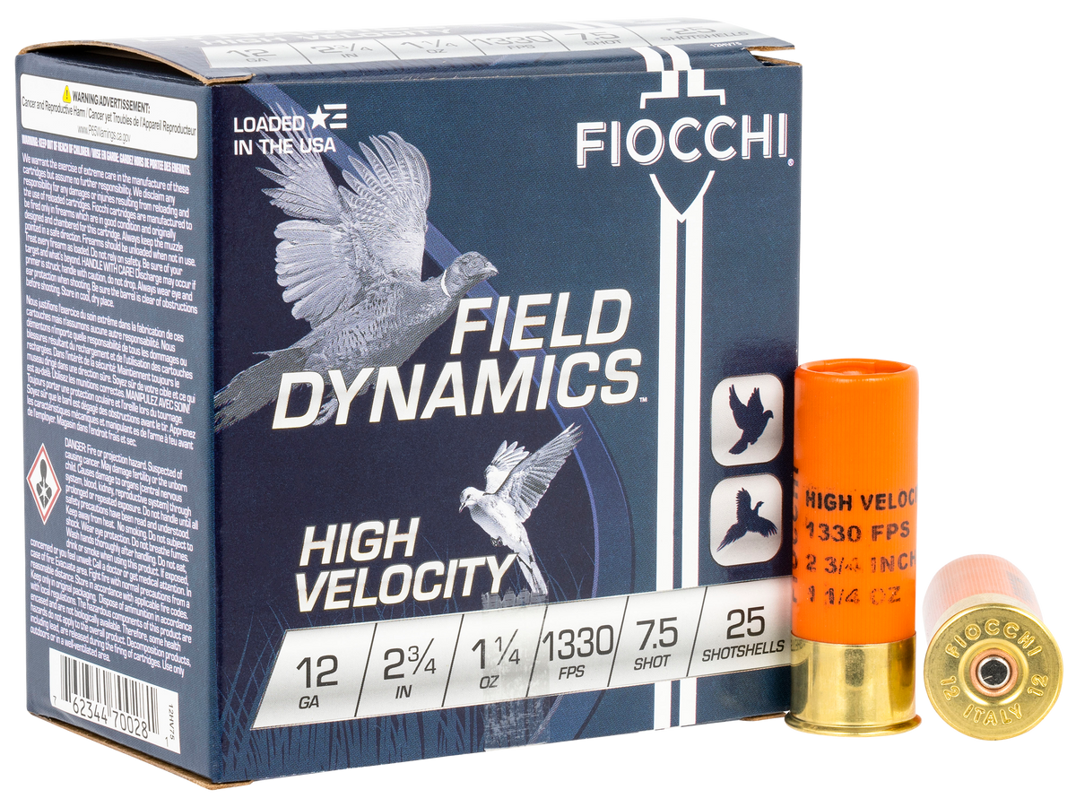 Fiocchi 12HV75 Field Dynamics High Velocity 12 Gauge 2.75" 1 1/4 oz 7.5 Shot - Box or Case