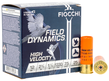 Fiocchi 12HV75 Field Dynamics High Velocity 12 Gauge 2.75" 1 1/4 oz 7.5 Shot - Box or Case