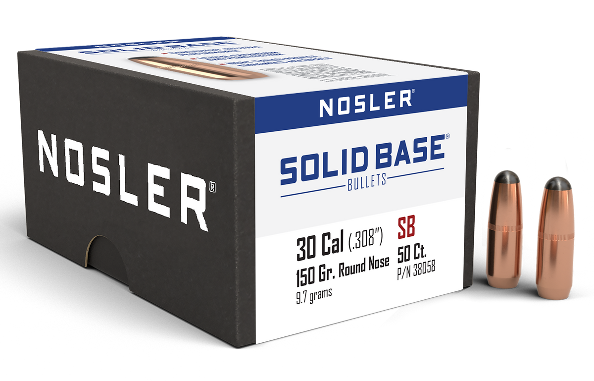 Nosler Solid Base 30 Cal 150gr Round Nose Reloading Bullets - 50/Box