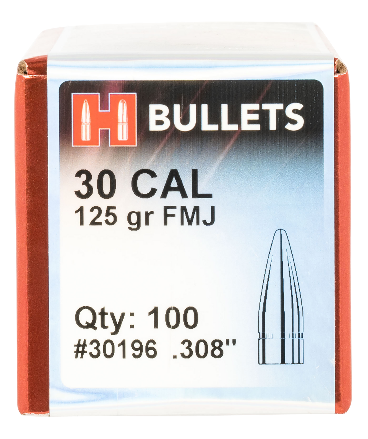 Hornady FMJ 30 Cal .308 125gr Full Metal Jacket Reloading Bullets - 100/Box