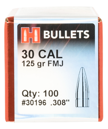 Hornady FMJ 30 Cal .308 125gr Full Metal Jacket Reloading Bullets - 100/Box
