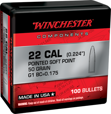 Winchester Ammo Centerfire Rifle 222 Rem 50gr Pointed Soft Point Reloading Bullets - 100 Per Box