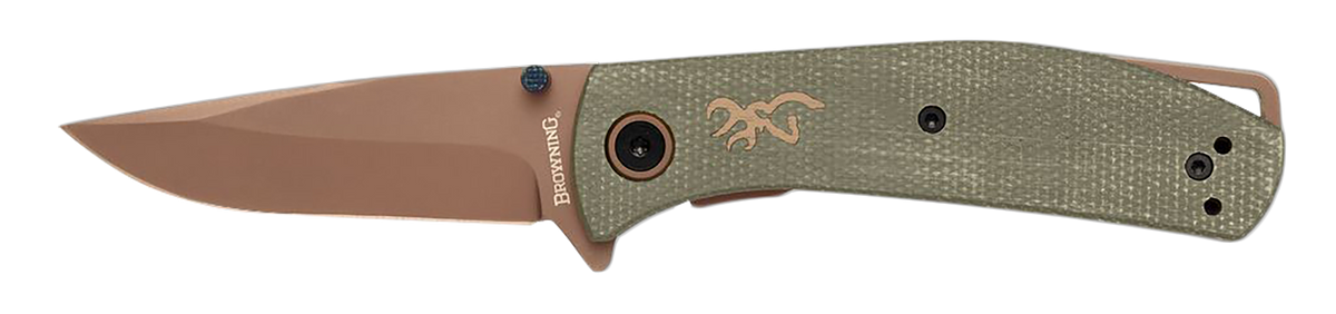 Browning Trailside EDC Small 3" Folding Modified Drop Point Plain D2 Titanium Finish - Green Micarta Handle