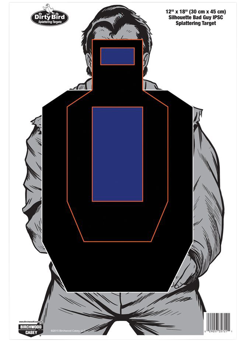 Birchwood Casey Dirty Bird Bad Guy IPSC Silhouette 12" x 18" Hanging Splatter Pistol Target - 100 Per Pkg