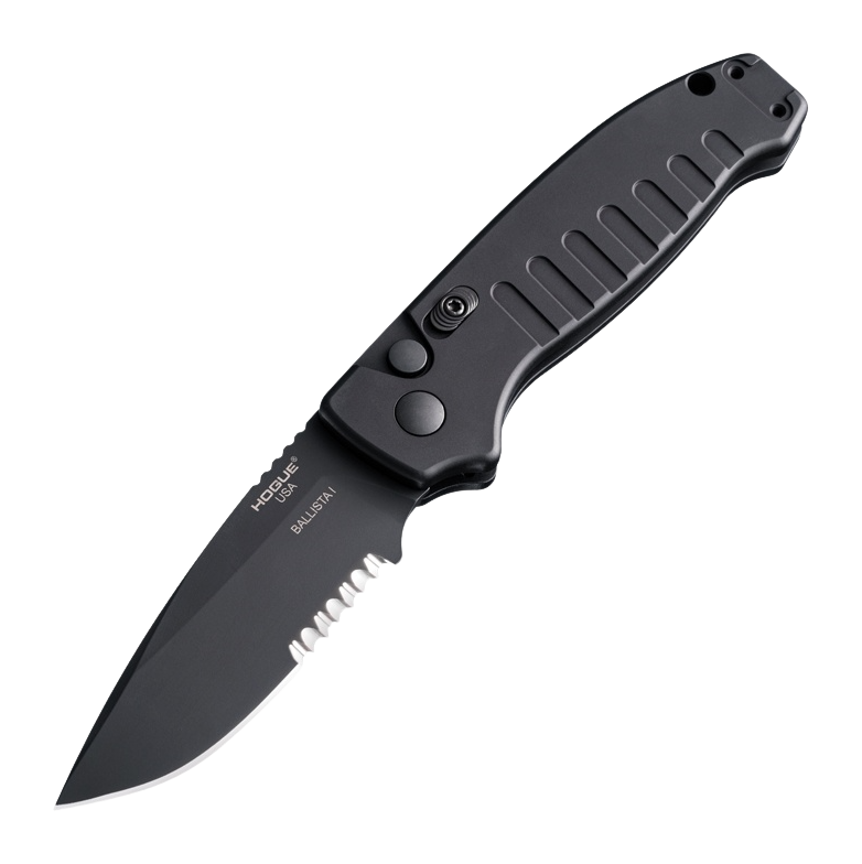 Hogue Ballista I 3.5" Automatic Drop Point Combo Blade Black Cerakote - Matte Black Aluminum