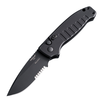 Hogue Ballista I 3.5" Automatic Drop Point Combo Blade Black Cerakote - Matte Black Aluminum