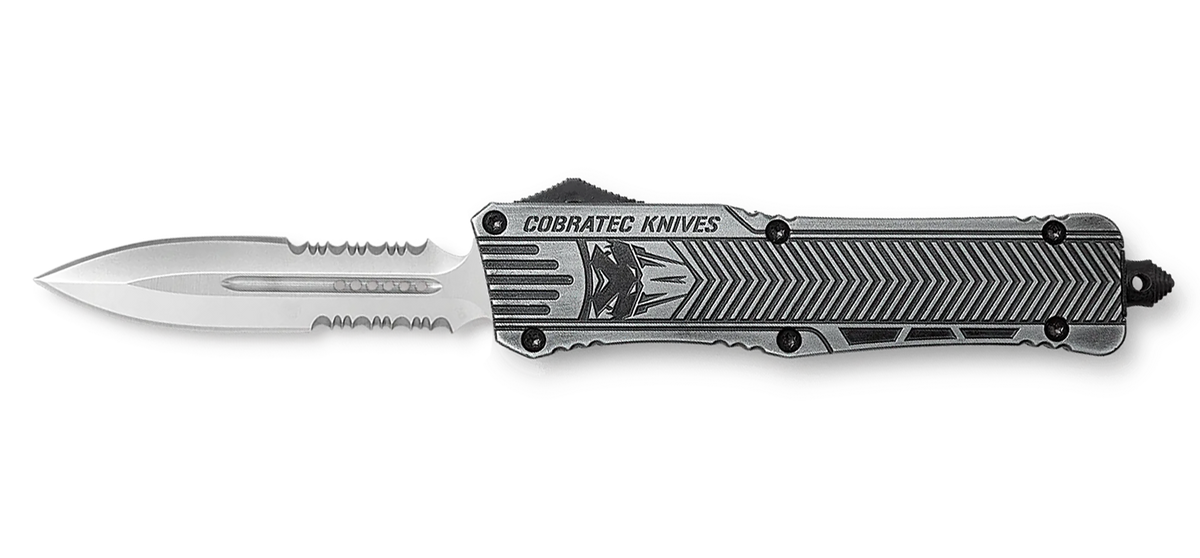 CobraTec CTK-1 Large 3.75" OTF Dagger Part Serrated D2 Steel Stonewashed Aluminum Handle