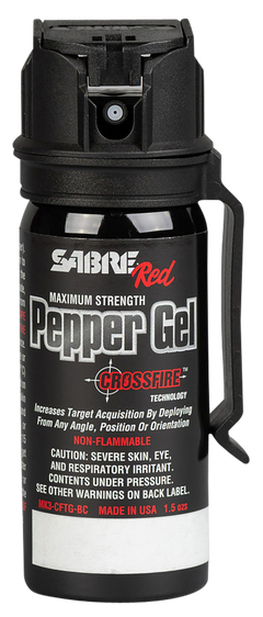 Sabre Crossfire Pepper Gel 1.8 oz 18 Bursts 18 ft Range w/Belt Clip - Black