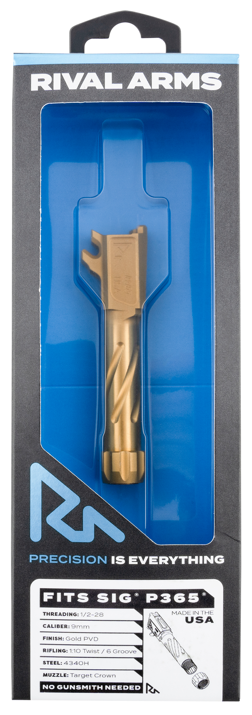 Rival Arms Precision Match Grade 9mm Luger 3.10" Fluted Threaded Gold PVD Drop-In Barrel - Fits Sig P365