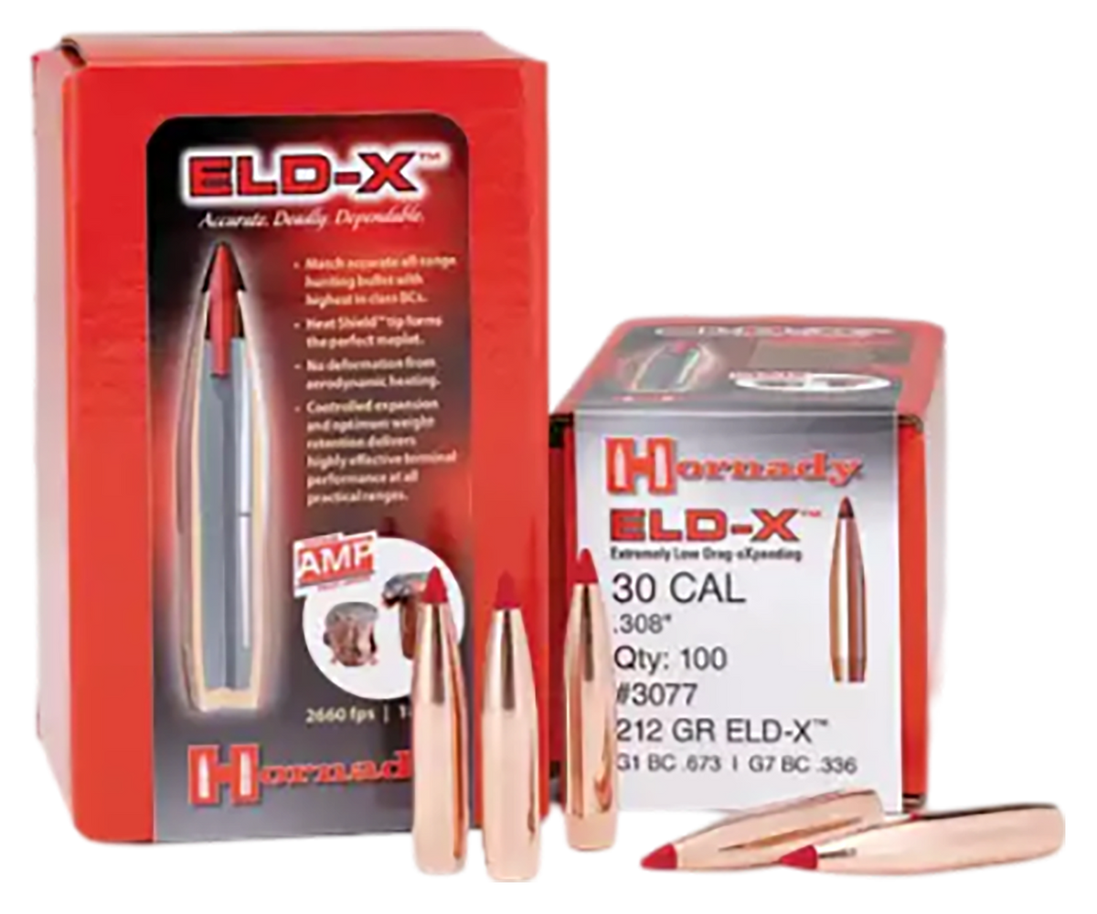 Hornady ELD-X 30 Cal .308 212gr Polymer Tip Boat Tail Reloading Bullets - 100/Box