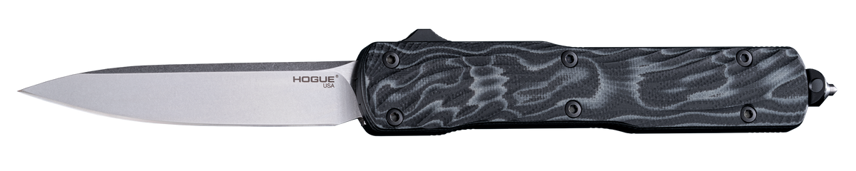 Hogue Counterstrike 3.35" OTF Drop Point Plain Stone Tumbled CPM 20V SS G-Mascus Black Aluminum/G10