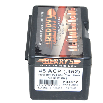 Berry's Superior Plated .45 ACP 185gr Hollow Base Round Nose Pistol Bullets - 250/Box