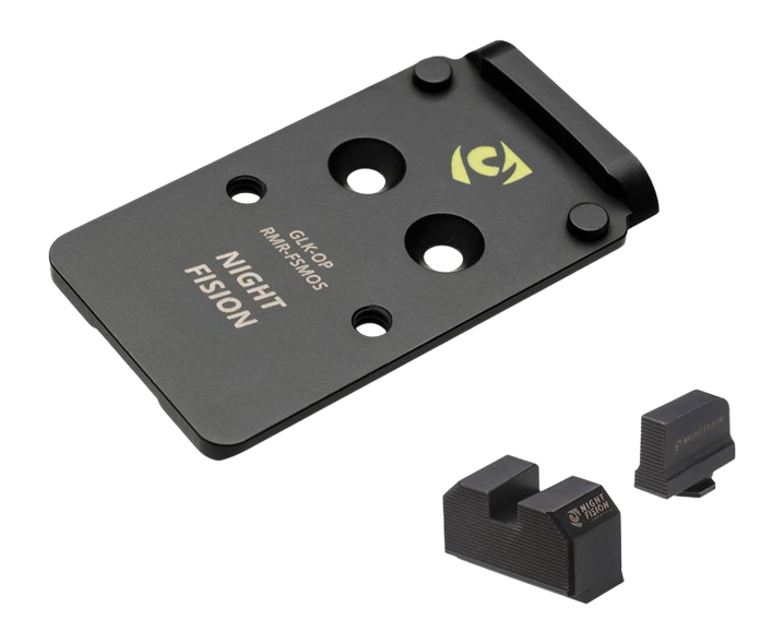 Night Fision Optic Plate + Blacked Out Backup Sights Combo - 17-4 Stainless Steel Black Nitride - Fits Glock Full Size MOS 17/19/47 / RMR / 507C