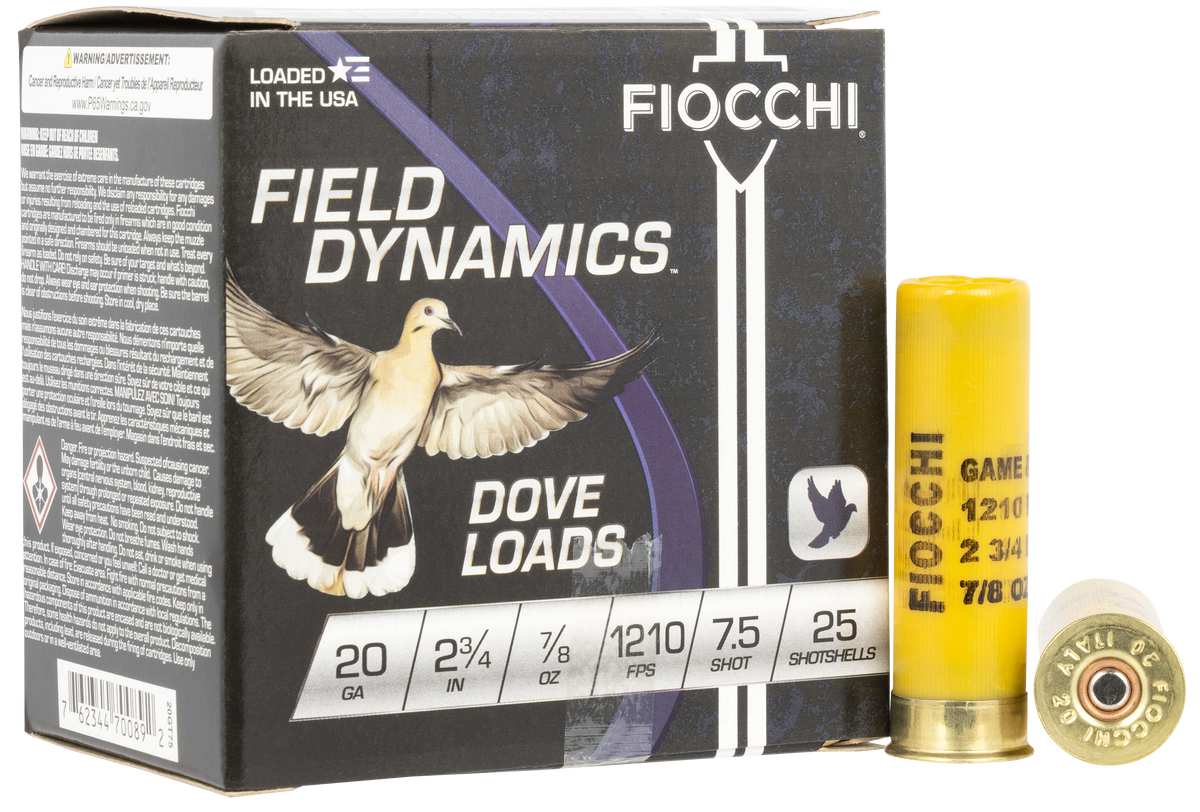 Fiocchi Field Dynamics Dove & Quail 20 Gauge 2.75" 7/8 oz 7.5 Shot 25 Rd - Box or Case