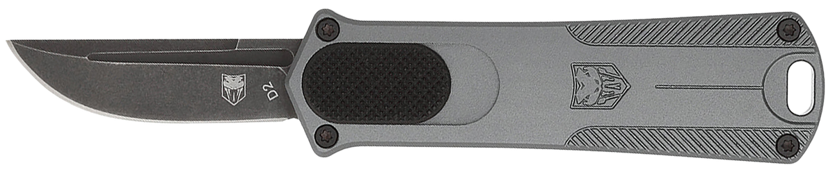 CobraTec Knives California 952 1.75" Drop Point Plain D2 Steel Black Stonewashed Gray Aluminum Handle OTF - CA Compliant