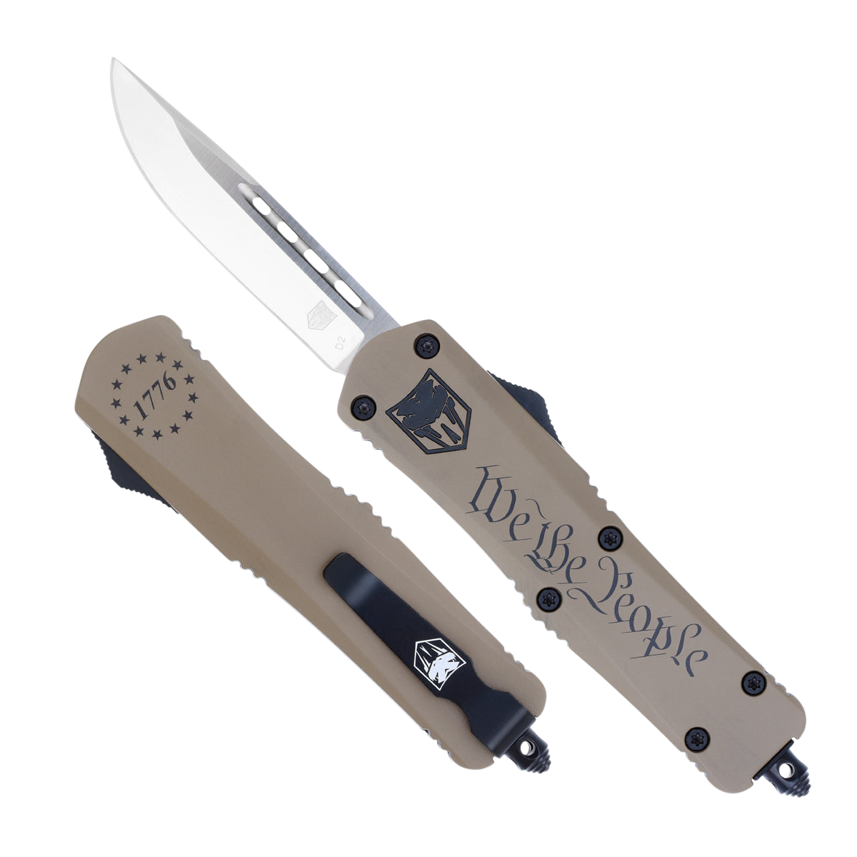 CobraTec Knives FS-3 We The People Medium 3" OTF Drop Point Plain D2 Steel Tan Aluminum Handle