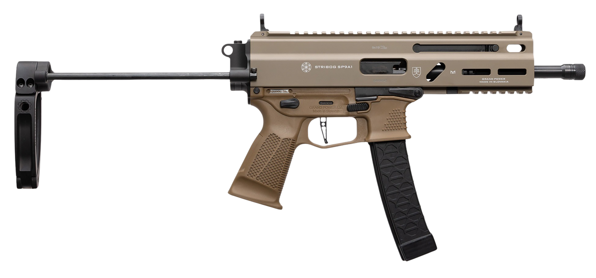 Grand Power Stribog SP9A1 9mm Luger 8" 30+1 Semi-Auto Pistol w/ Tailhook Brace - FDE