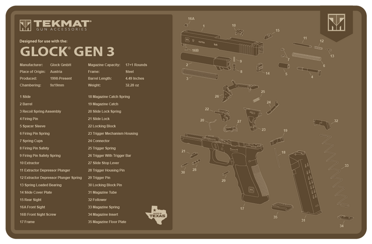 TekMat Glock Gen 3 Cleaning Mat 11"x17" Flat Dark Earth Rubber