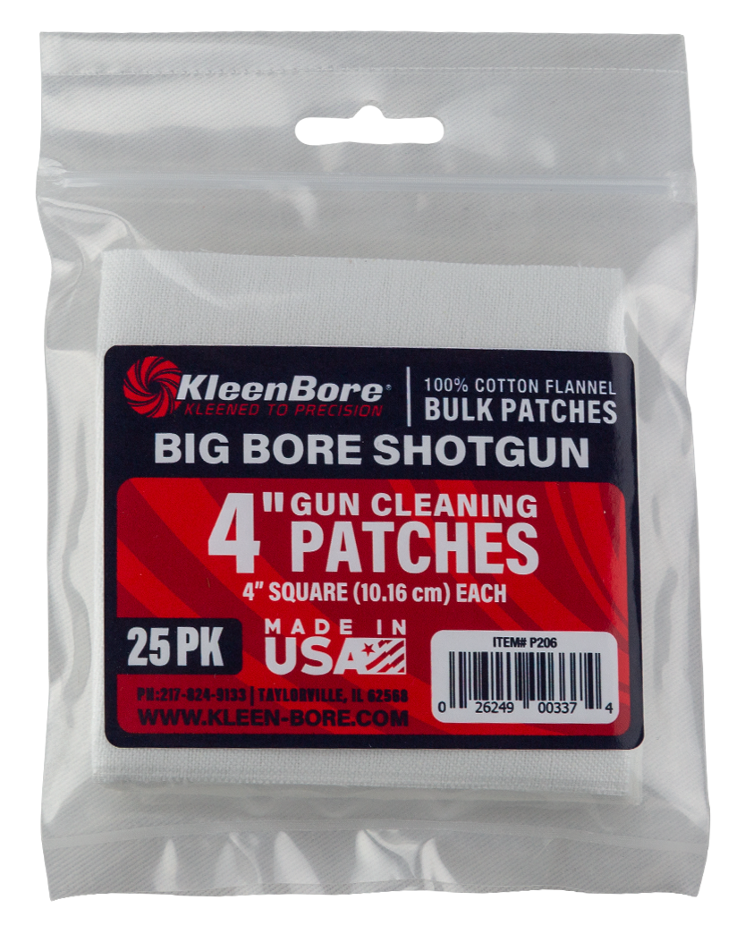 Kleen-Bore P206 Super Shooter 4" Cotton Flannel Cleaning Patches 25 Per Pack - Big Bore Shotgun/37mm/40mm Launcher