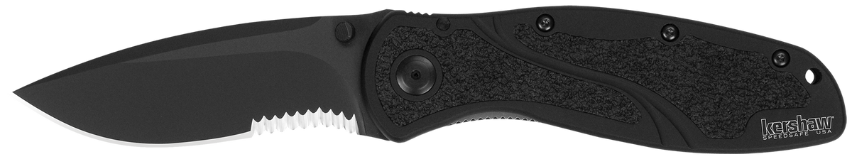 Kershaw Blur 3.4" Folding Drop Point w/Recurve Part Serrated Black DLC - Black Serrated