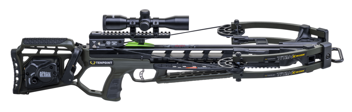 TenPoint Titan X De-Cock Crossbow 400 FPS 7.3 lbs w/ ACUdraw & Pro-View 400 Scope - Moss Green