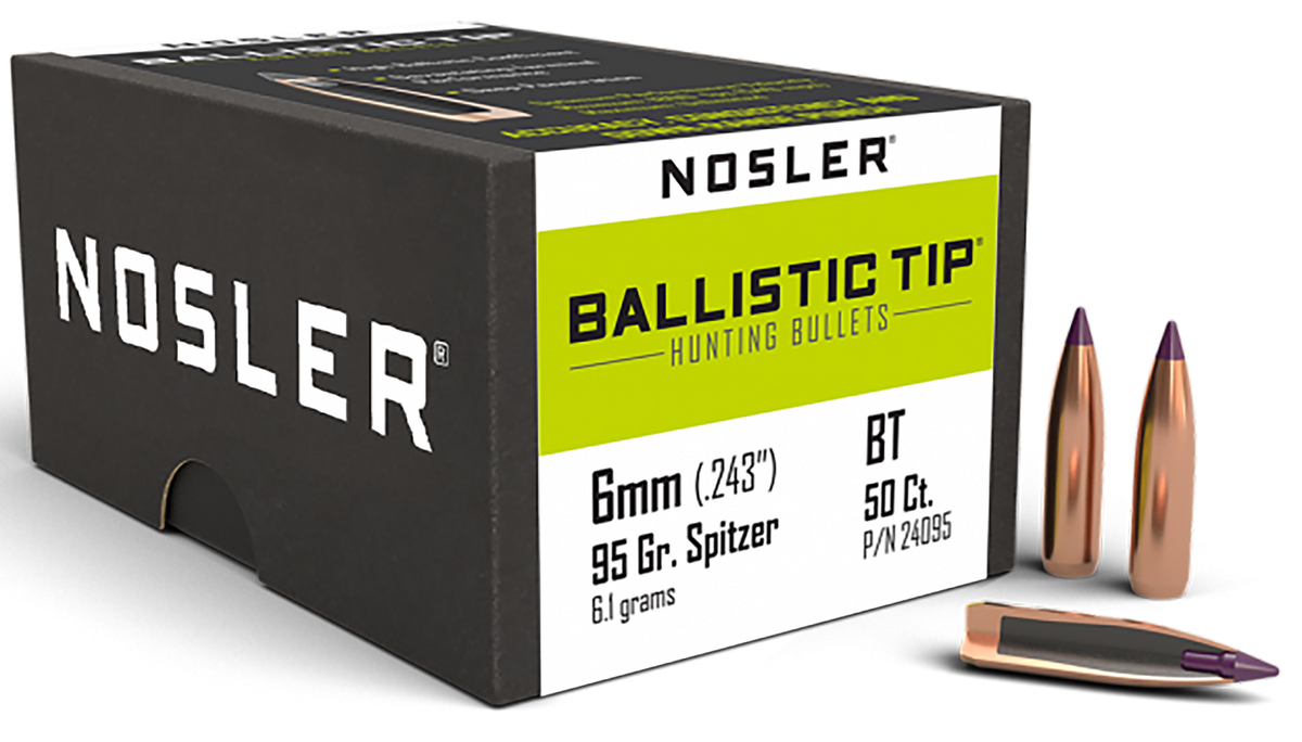 Nosler Ballistic Tip Hunting 6mm 95gr Spitzer Reloading Bullets - 50/Box