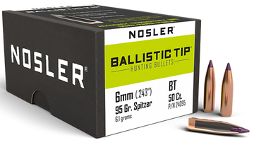Nosler Ballistic Tip Hunting 6mm 95gr Spitzer Reloading Bullets - 50/Box