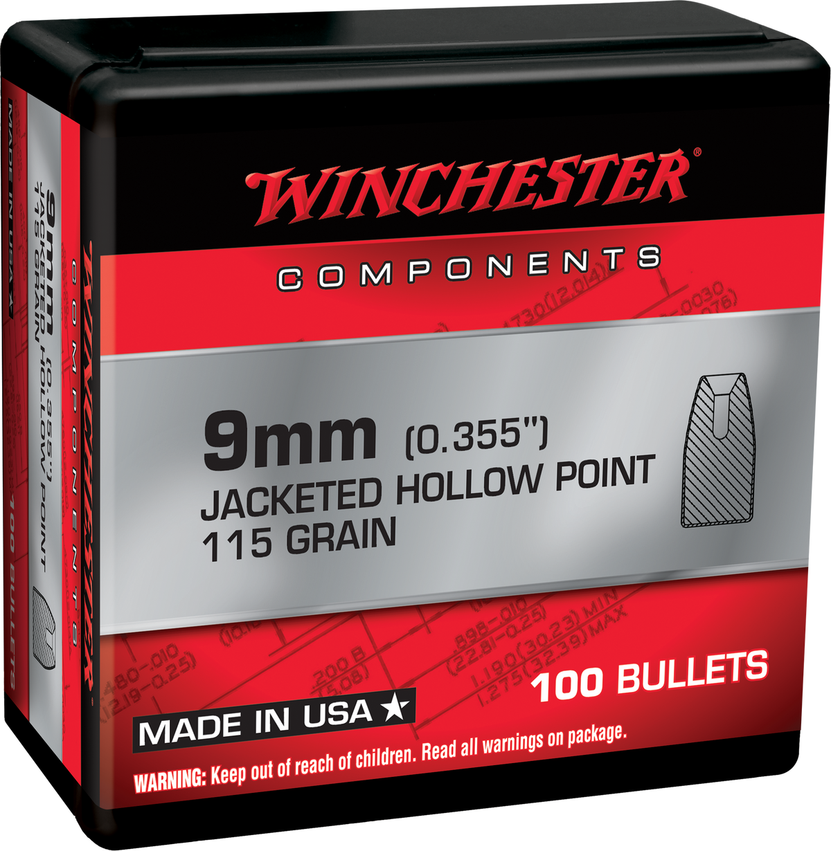 Winchester Ammo Centerfire Handgun 9mm 115 gr Jacketed Hollow Point Reloading Bullets - 100 Count