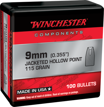 Winchester Ammo Centerfire Handgun 9mm 115 gr Jacketed Hollow Point Reloading Bullets - 100 Count