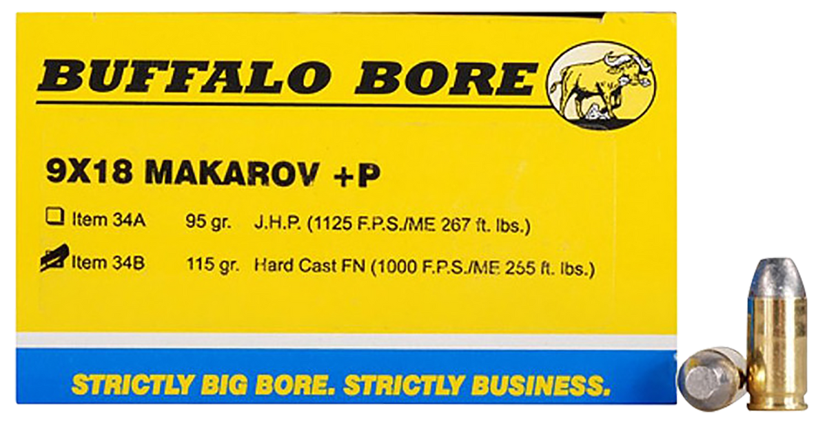 Buffalo Bore Ammunition 34B/20 Personal Defense Strictly Business 9x18 Makarov +P 115 gr Hard Cast Flat Nose - Box or Case