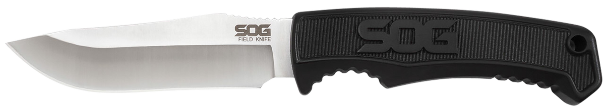 S.O.G Field Knife 4" Fixed Clip Point Plain Edge Satin 7Cr17MoV Black TPR Handle