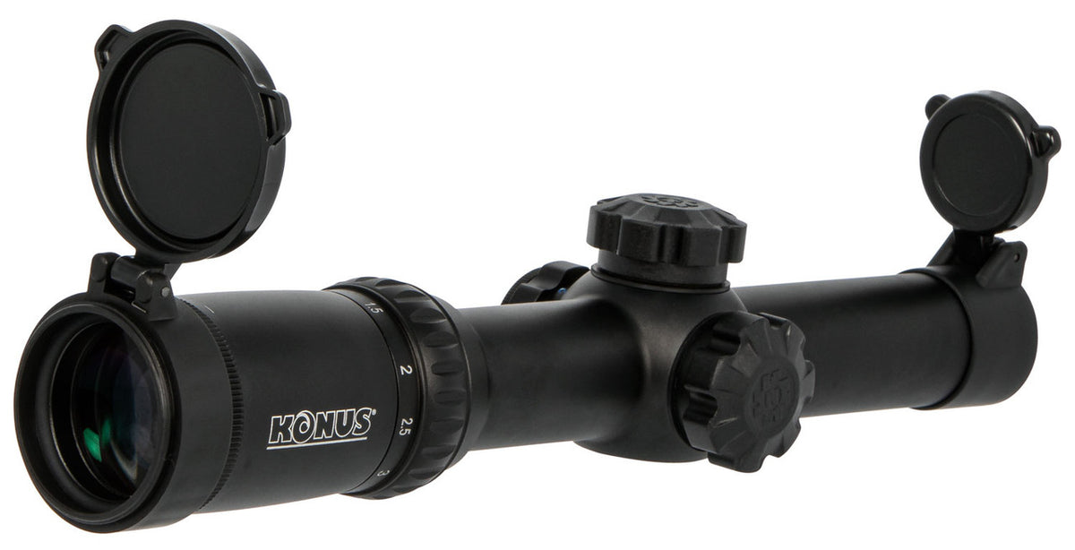 Konus 7184 KonusPro M-30 1-4x 24mm Obj 100-25 ft @ 100 yds FOV 30mm Tube Black Finish Dual Illuminated Red/Blue Engraved Circle Dot