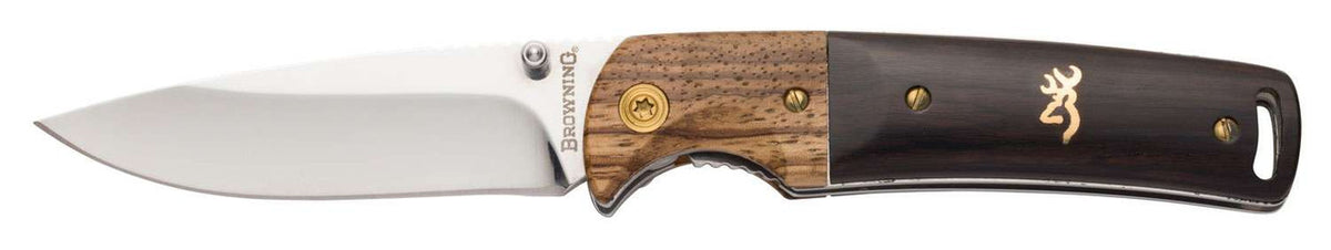 Browning 3220231 Buckmark Hunter 3 Drop Point Plain Mirror 8CR14MoV SS, Black/Hardwood Finger Groove Handle Folding