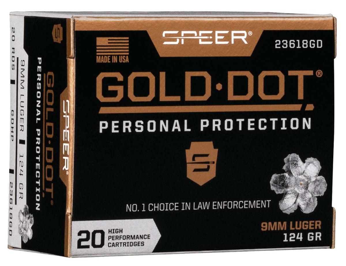 Speer Ammo 23618GD Gold Dot Personal Protection 9mm Luger 124 gr Hollow Point (HP) 20 Bx/ 10 Cs