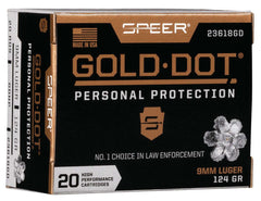 Speer Ammo 23618GD Gold Dot Personal Protection 9mm Luger 124 gr Hollow Point (HP) 20 Bx/ 10 Cs