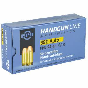 PPU PPH380AF Handgun  380 ACP 94 gr Full Metal Jacket (FMJ) 50 Bx/ 20 Cs