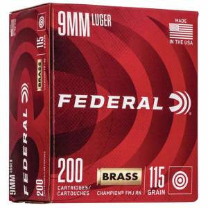 Federal WM51992 Champion Training 9mm Luger 115 gr Full Metal Jacket (FMJ) 200 Bx/ 5 Cs