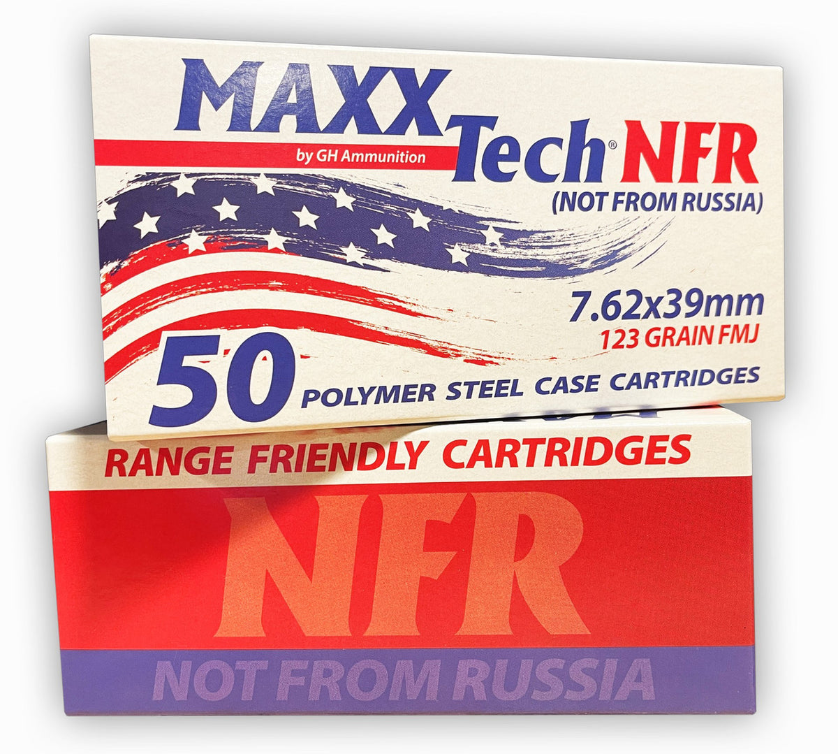 Maxxtech 7.62x39mm Ammunition NFR (Not From Russia) MTNFR762 123 Grain Steel Case Full Metal Jacket 50 Rounds